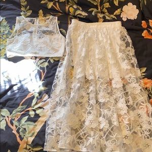 White floral lace sheer skirt and crop top set